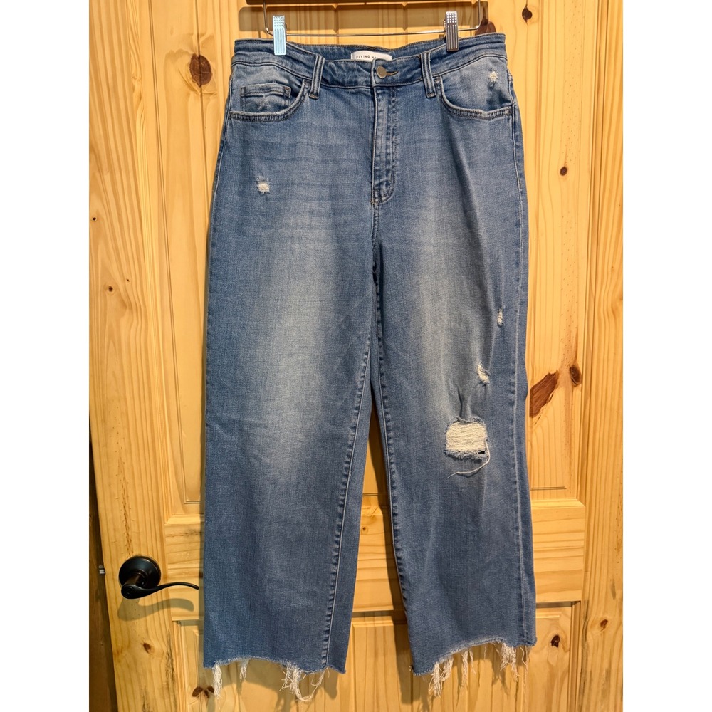 Flying Monkey F5672 Distressed Wide Leg Jeans Raw Hem Medium Wash Womens 31